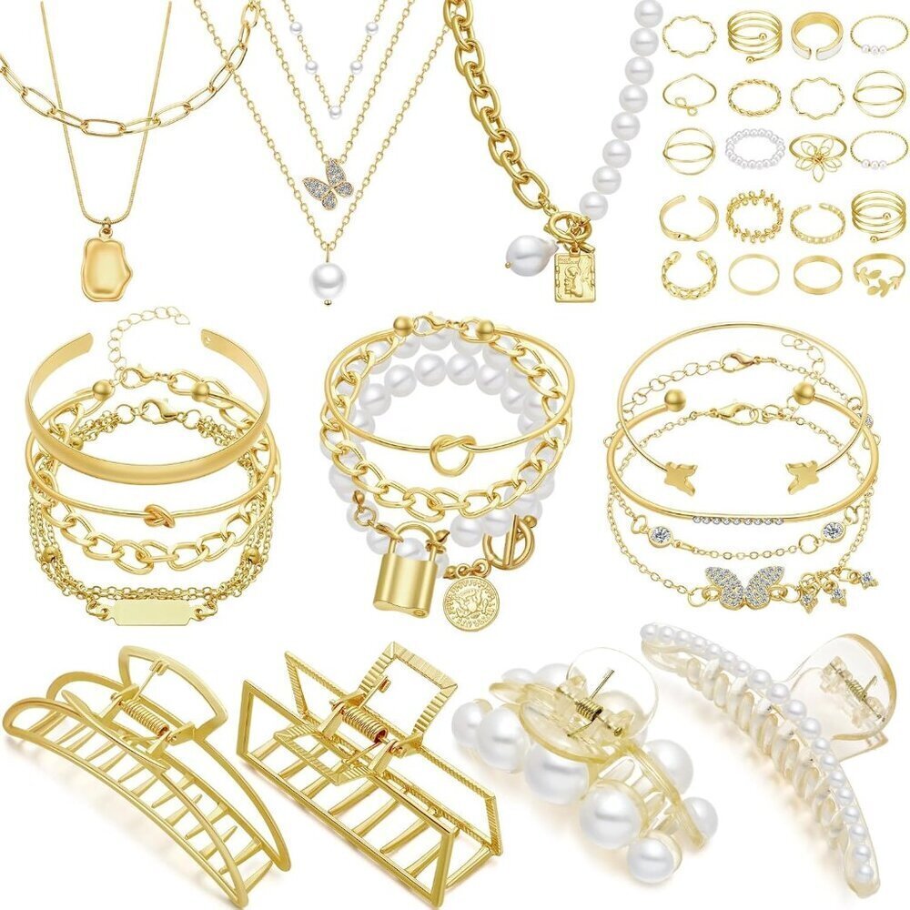 Jewelry Gift Set Gold Alloy 43 pcs Necklaces Bracelets Rings Hair Clips Women